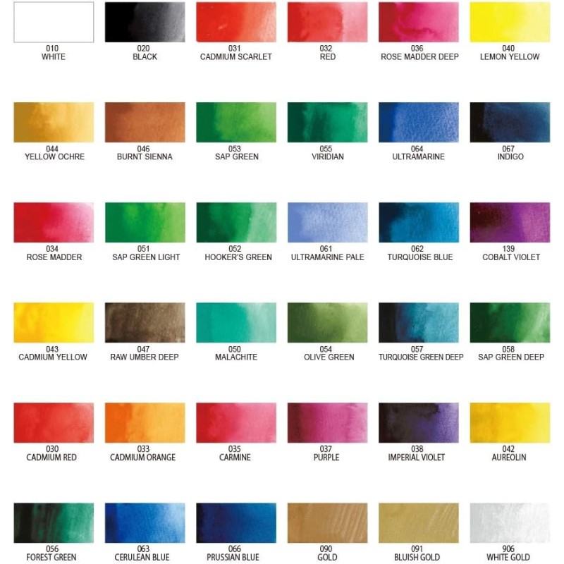 Set de 36 godets aquarelle Gansai Tambi - Nuancier des couleurs - Lumineuses et brillantes - Kuretake
