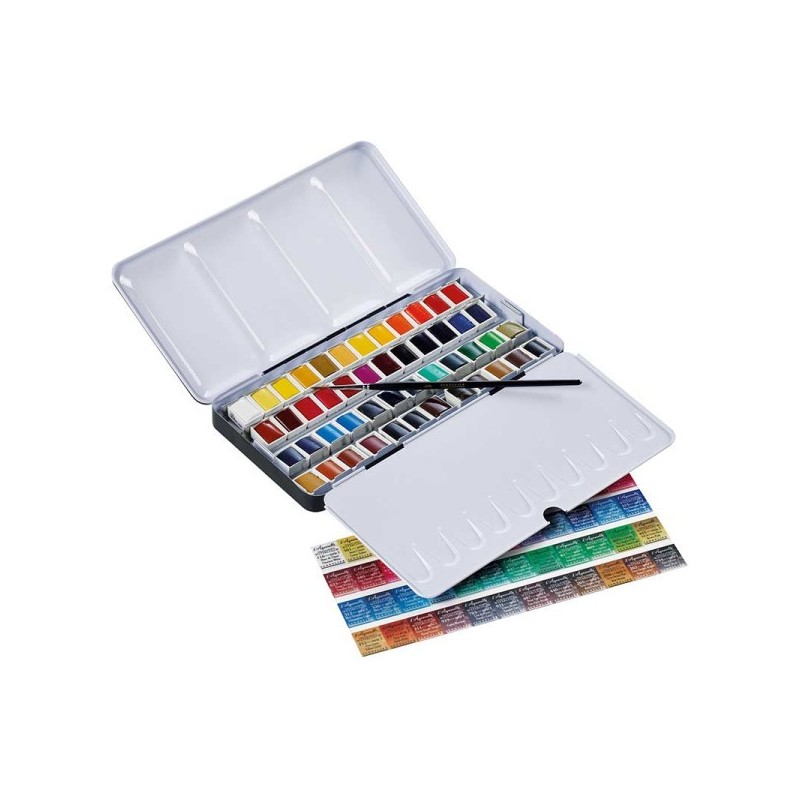 Boîte aquarelle extra-fine Sennelier - 48 Demi godets dont 12 offerts - Couleurs riches et vibrantes - 1 pinceau fin inclus