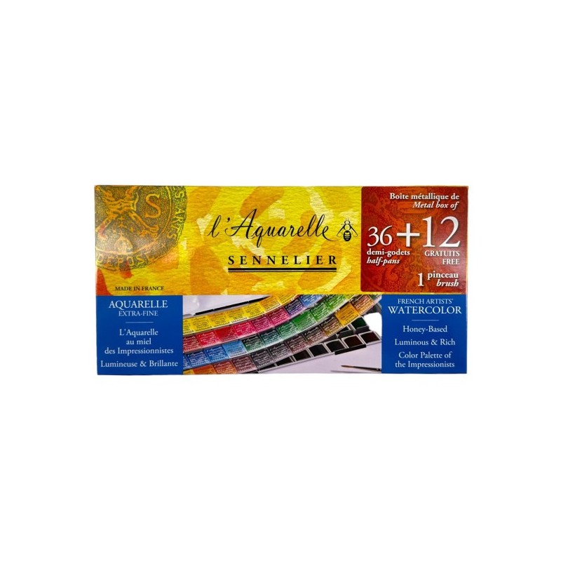 Boîte aquarelle extra-fine Sennelier - 48 Demi godets dont 12 offerts - Couleurs lumineuses et éclatantes - Aquarelle à base de 