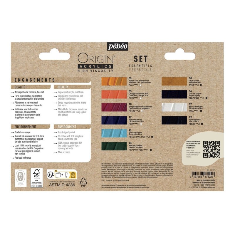 Set 10 tubes 60ml d'acrylique Origin - Texture riche, épaisse et malléable - Couleurs profondes et éclatantes - Eco-conçue - Péb