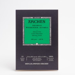 Bloc aquarelle Arches - grain fin 300gr - 12 feuilles - Collées petit côté - 100% coton - Référence papier aquarelle 