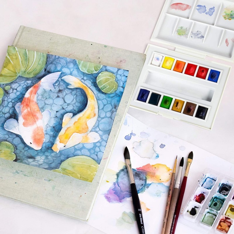 Boîte de voyage la petite aquarelle - 12 demi-godets - Idéal pour lavis - 1 mini pinceau inclus -  Sennelier
