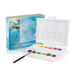 Boîte de voyage la petite aquarelle - 12 demi-godets - 1 pinceau inclus - sangles élastiques pour maintenir la boite dans la mai