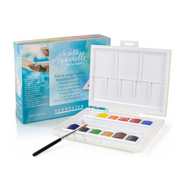 Boîte de voyage la petite aquarelle - 12 demi-godets - 1 pinceau inclus - sangles élastiques pour maintenir la boite dans la mai
