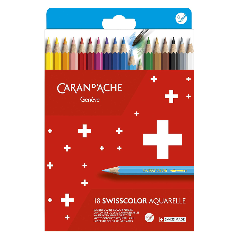 Set 18 crayons aquarellables Swisscolor - Idéal pour les technique d'hachures, aplats, dégradés et mélanges illimités - Caran d'
