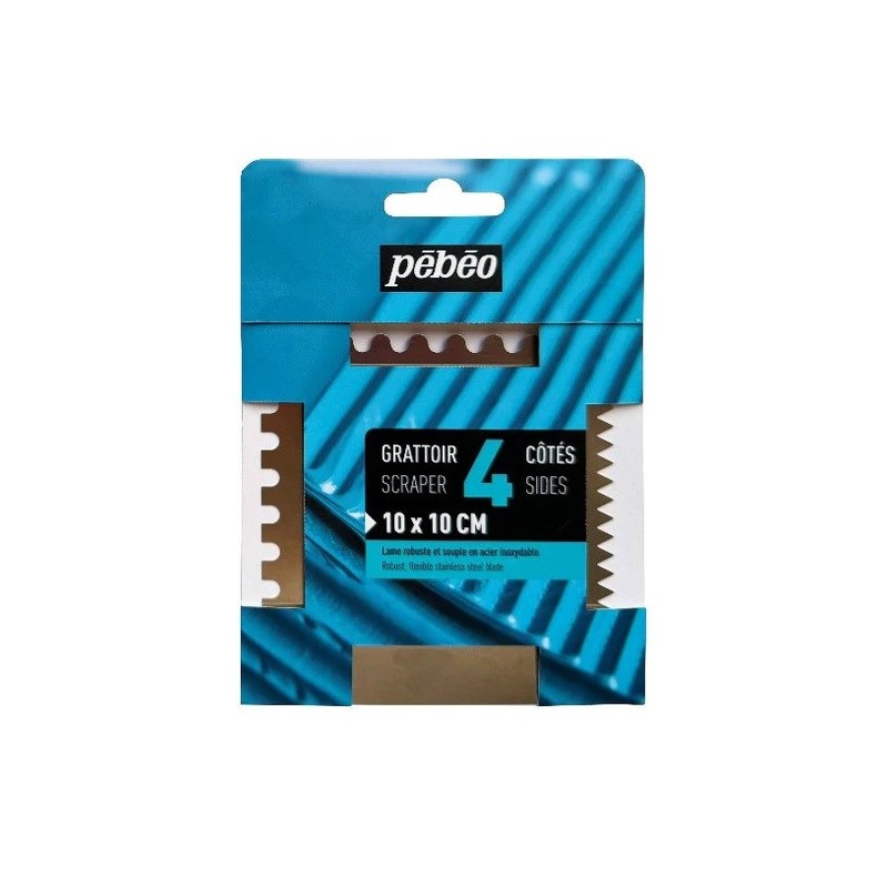 Grattoir 4 côtés - 10x10cm - Peigne à peindre - acier inoxydable - 3 côtés dentelés et 1 côté plat - Pébéo
