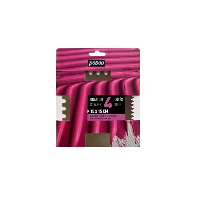 Grattoir 4 côtés - 15x15cm - Acier inoxydable - Peigne à peindre - 3 côtés dentelés et 1 côté plat - Pébéo