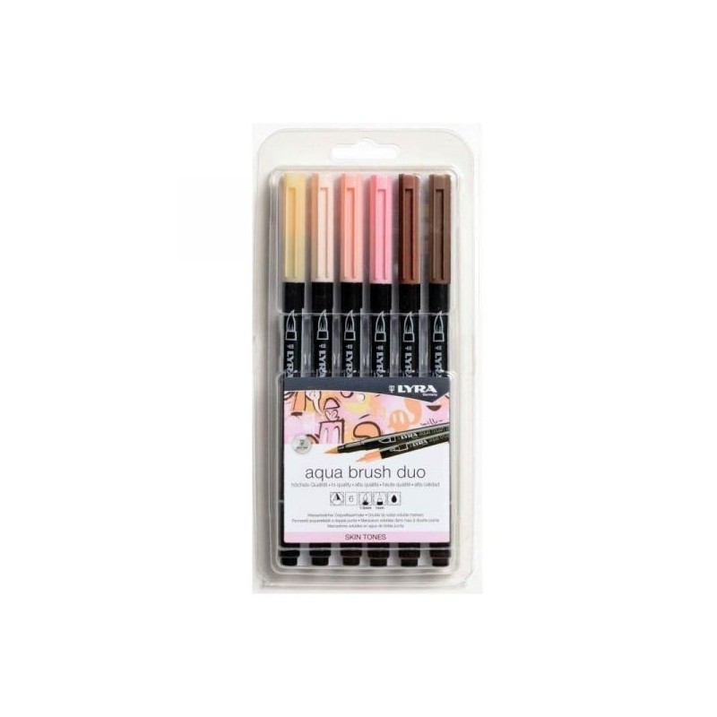Set Aqua Brush Duo - 6 couleurs peau - Double pointe : pointe moyenne et pointe pinceau souple - Encre à base d'eau - Lyra