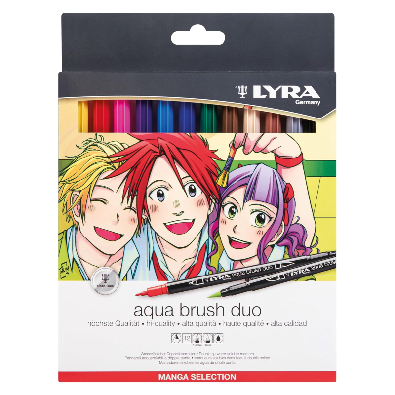 Set Aqua Brush Duo - 12 couleurs Manga - Double pointe : pointe pinceau souple et pointe moyenne -  Lyra